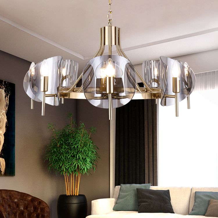 Modern Wagon Wheel Candle Chandelier Light Fixture Clear Glass Shaded Ceiling Chandelier in Gold for Bedroom