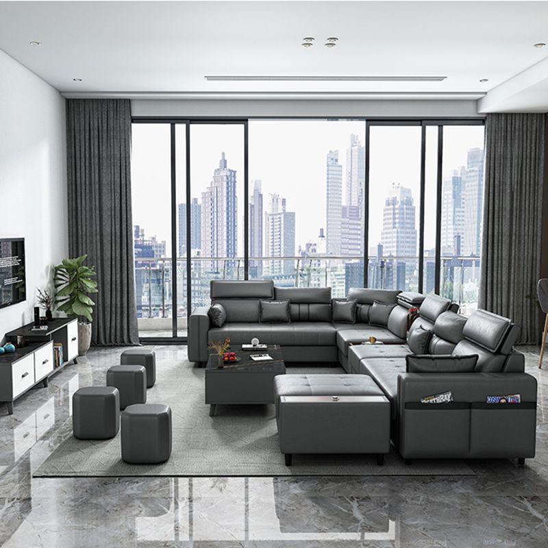 Square Arm Grey Cushion Back Contemporary Storage Adjustable Living Room Sofa