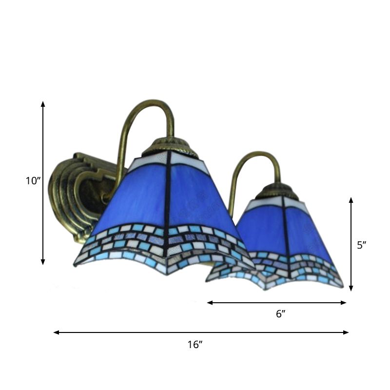 Blue Glass Pyramid Wall Mounted Light Mediterranean 2 Heads Bronze Sconce Lighting