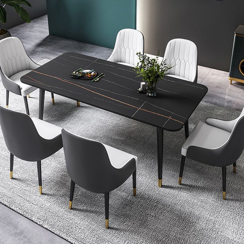 Rectangle Black Base Dining Table Glam Stone Table for Kitchen