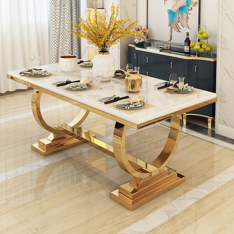 Mesa de comedor de mármol con forma rectangular Glam, mesa de comedor estándar con bases de pedestal dobles