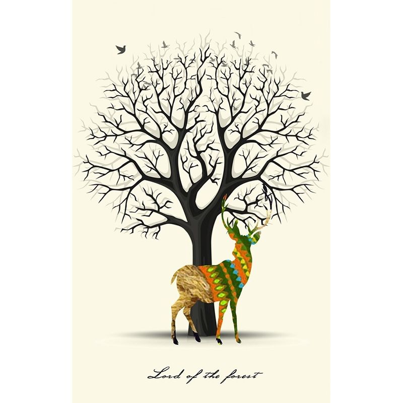 Deer and Leafless Tree Mural Nordic Moisture Resistant Bedroom Wall Covering, Custom Made