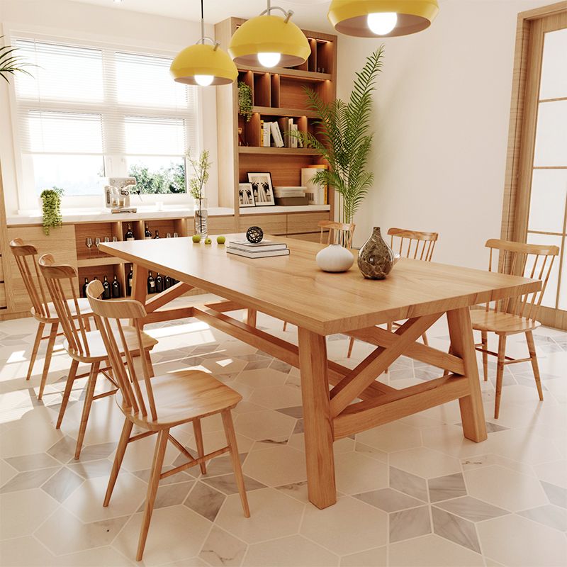 Eenvoudige dennen vaste houten eettafel rechthoekige tafel in houten kleur met vier veter