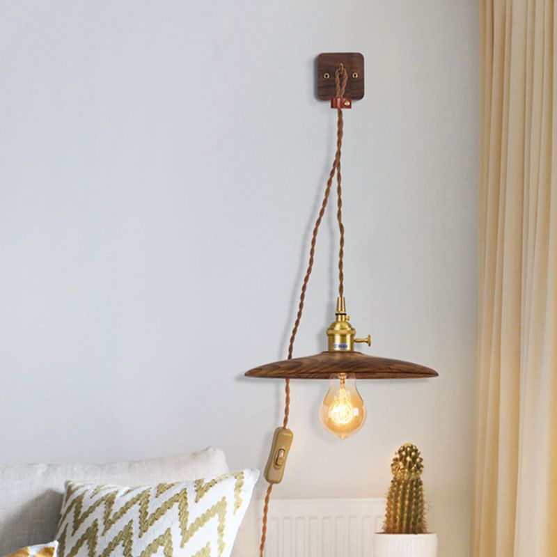Wood Tray Plug-In Wall Lighting Ideas Rural 1 Bulb 8"/10" Wide Bedside Sconce Light in Brown with Extra Long Wire Cord