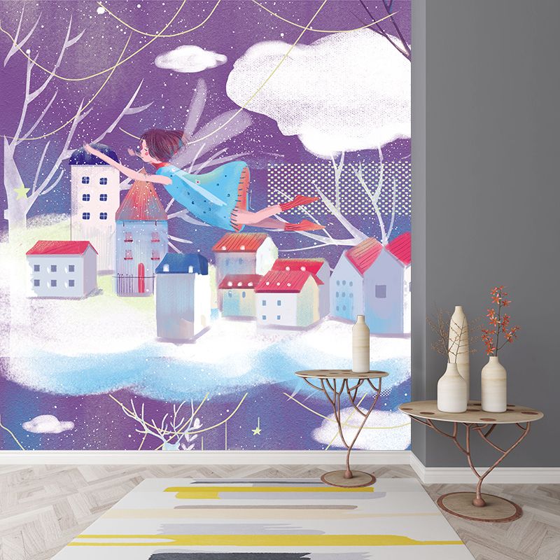 Purple-White Fairy Tale Mural Decal Winter Scenery Nordic Stain Proof Wall Covering