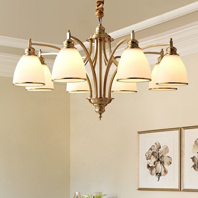 Gold Bell Chandelier Lighting Classic Cream Glass Living Room Pendant Light Fixture