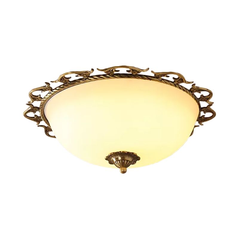 3/5 Bulbs Half-Globe Flush Light Rural Brass Frosted White Glass Ceiling Mount Lamp with Trim