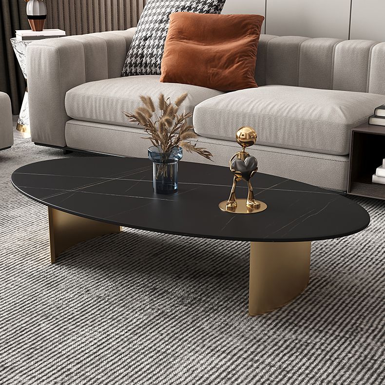 Glam Oval Slate Top Coffee Table Steel 2 Legs Cocktail Table