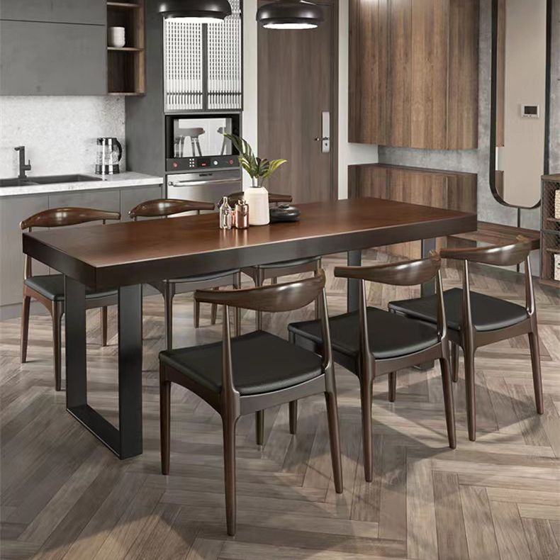 Brown Solid Wood Top Table Rectangle Black Iron Sled Base Dining Table