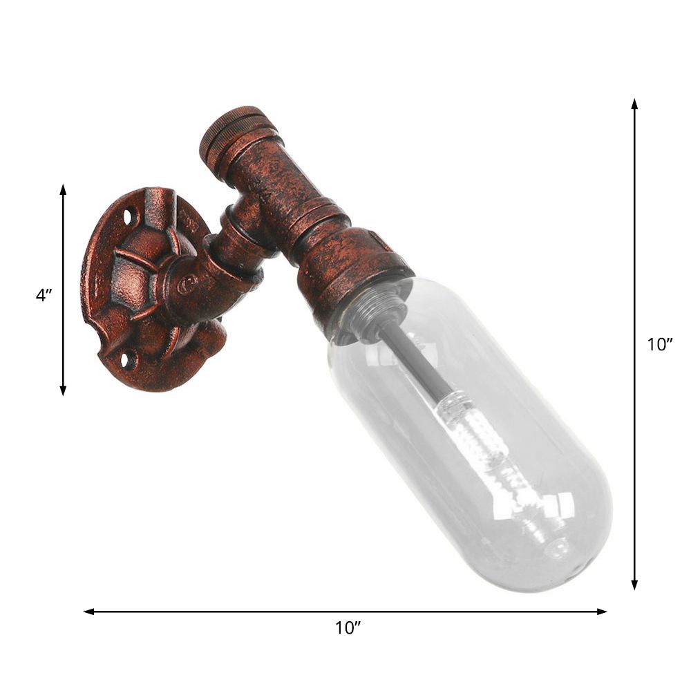 1 Bulb Wall Light Capsule Clear Glass Loft Dining Room Sconce Lighting Fixture in Weathered Copper with Pipe Design