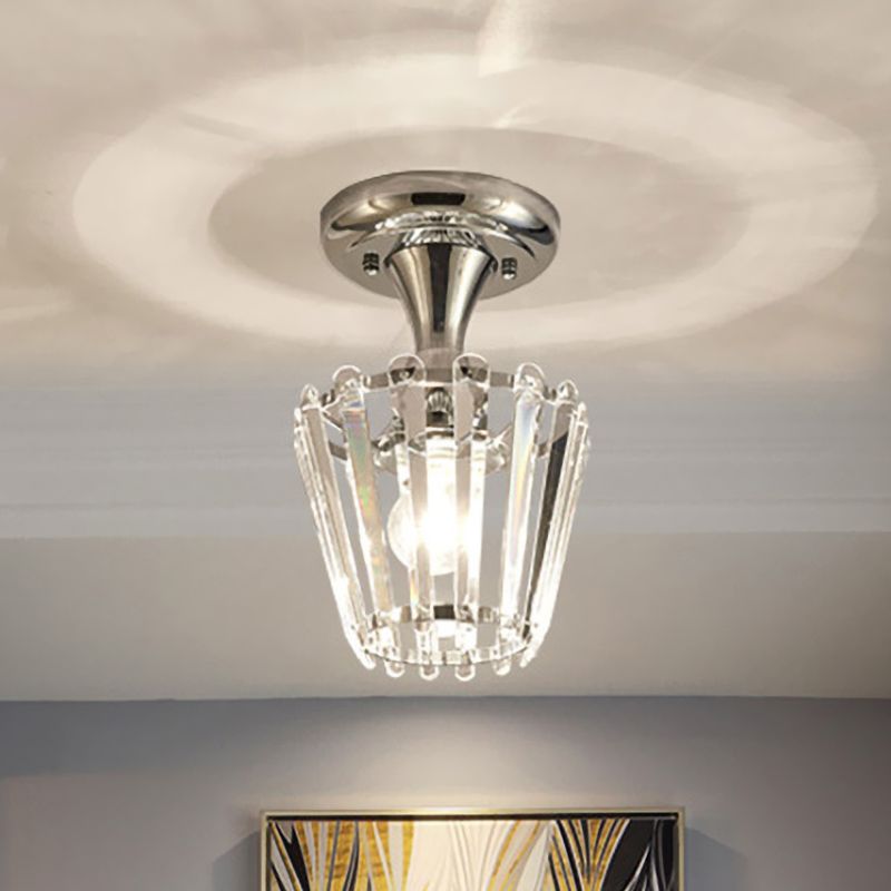 Minimalism Tapered Mini Ceiling Fixture 1-Light Crystal Semi Flush Mount Lighting Fixture in Chrome