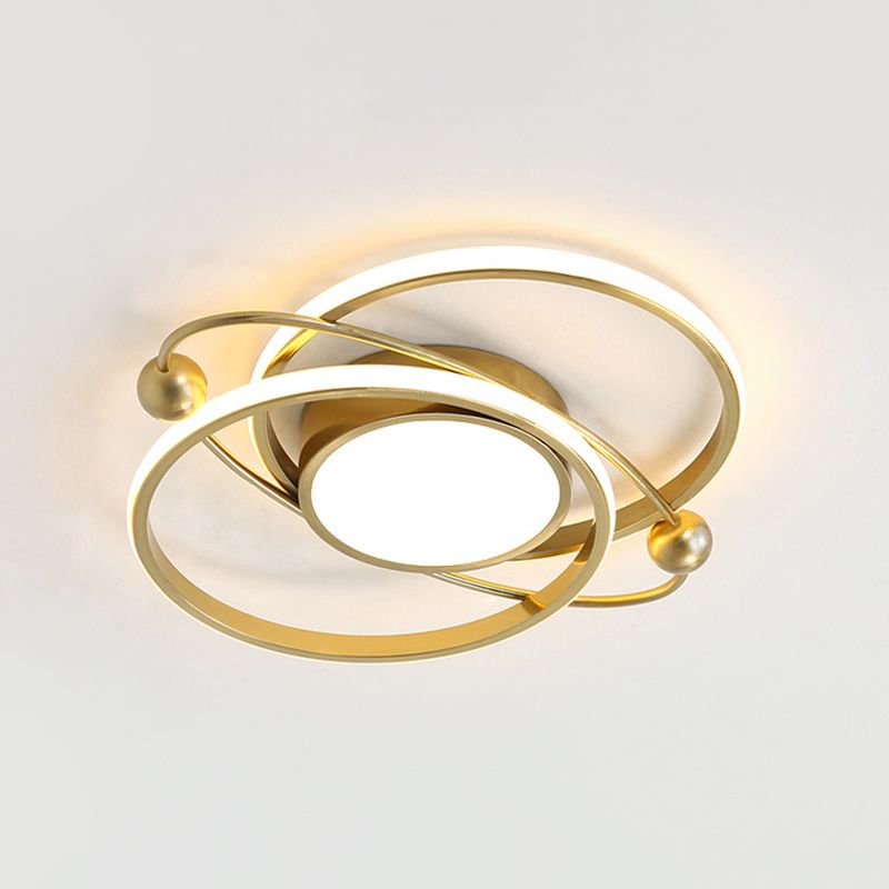 Circular Bedroom Semi Flush Mount Metallic LED Modern Flush Ceiling Light in Gold, Warm/White Light