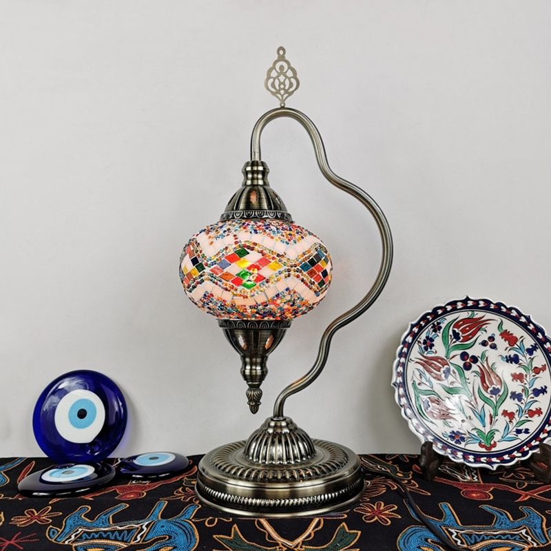 Stained Art Glass Globe Table Lamp Art Deco 1 Head Restaurant Night Light with Curvy Arm in White/Red/Yellow