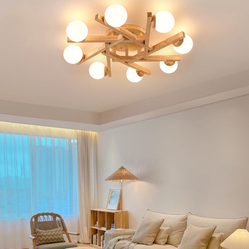 Nordic Flush Mount Globe Ceiling Light Fixture with Wood and Glass for Bedroom