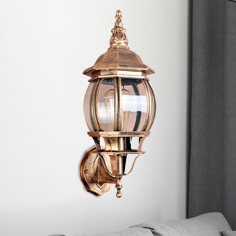1 Bulb Wall Light Fixture Country Outdoor Wall Lighting Ideas with Global Clear Glass Shade in Brass