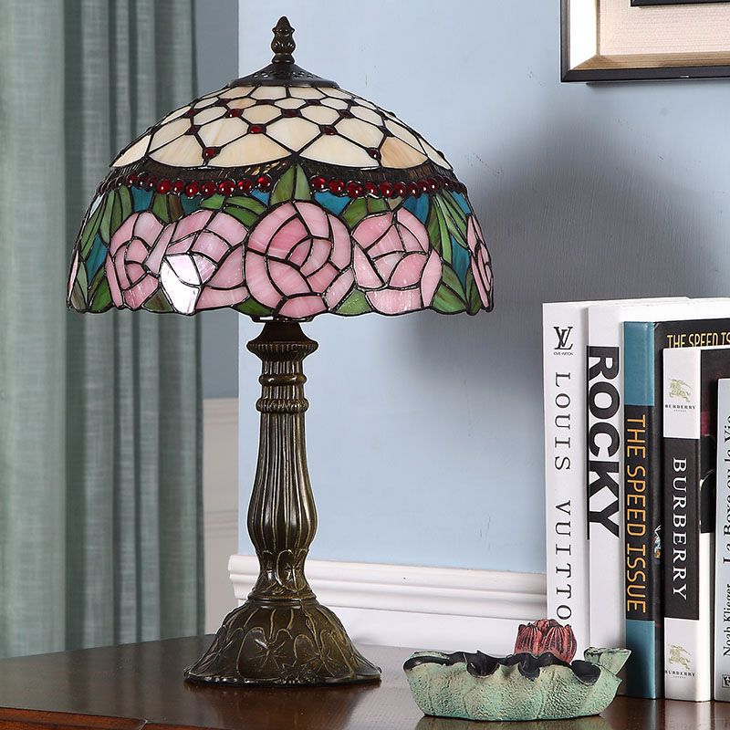 Single Living Room Nightstand Lamp Baroque Bronze Table Light with Beaded Roseborder Stained Glass Shade