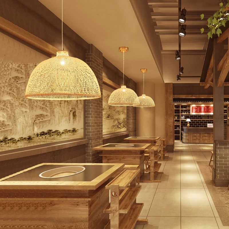 Handmade Bamboo Suspension Lighting Minimalist 1 Head Wood Pendant Ceiling Light for Tea Room