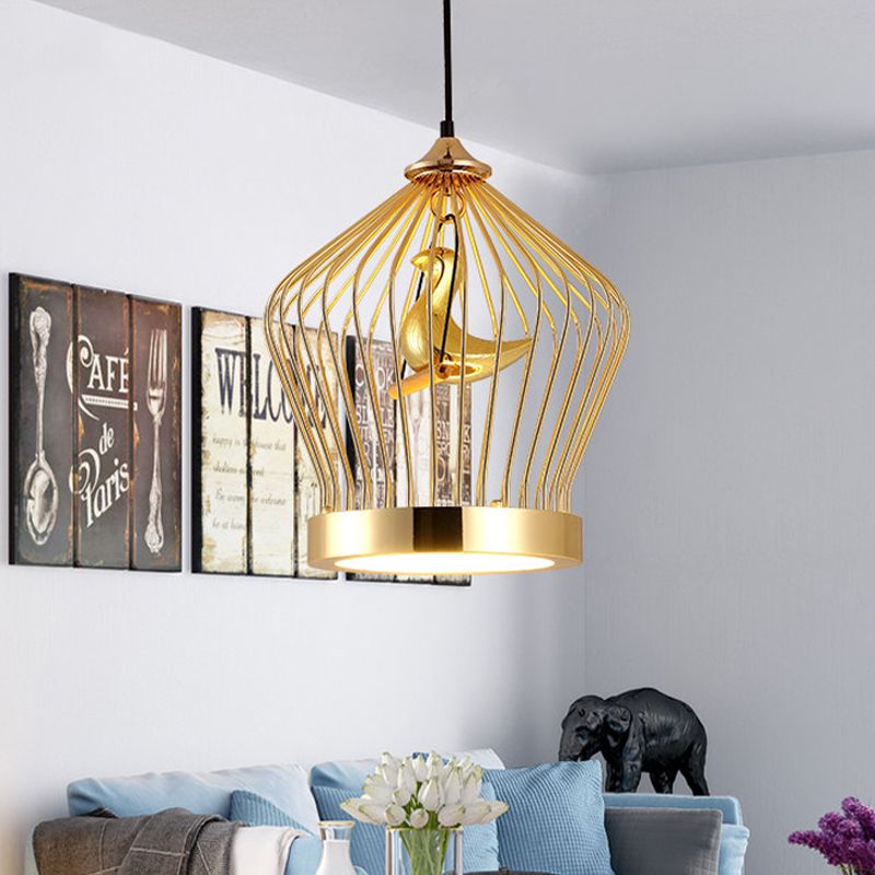 Gold Crown Cage Hanging Lighting Simple 1-Light Metal Ceiling Pendant Lamp with Bird Deco
