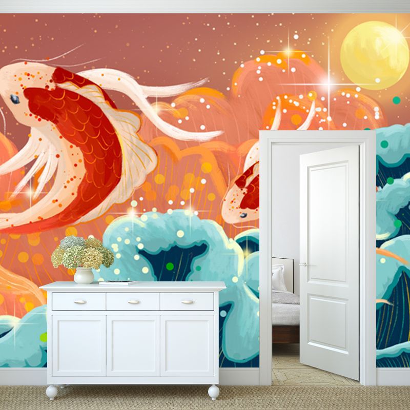 Huge Carp Jump Mural Wallpaper Red Non-Woven Cloth Wall Art, Washable, Custom Print