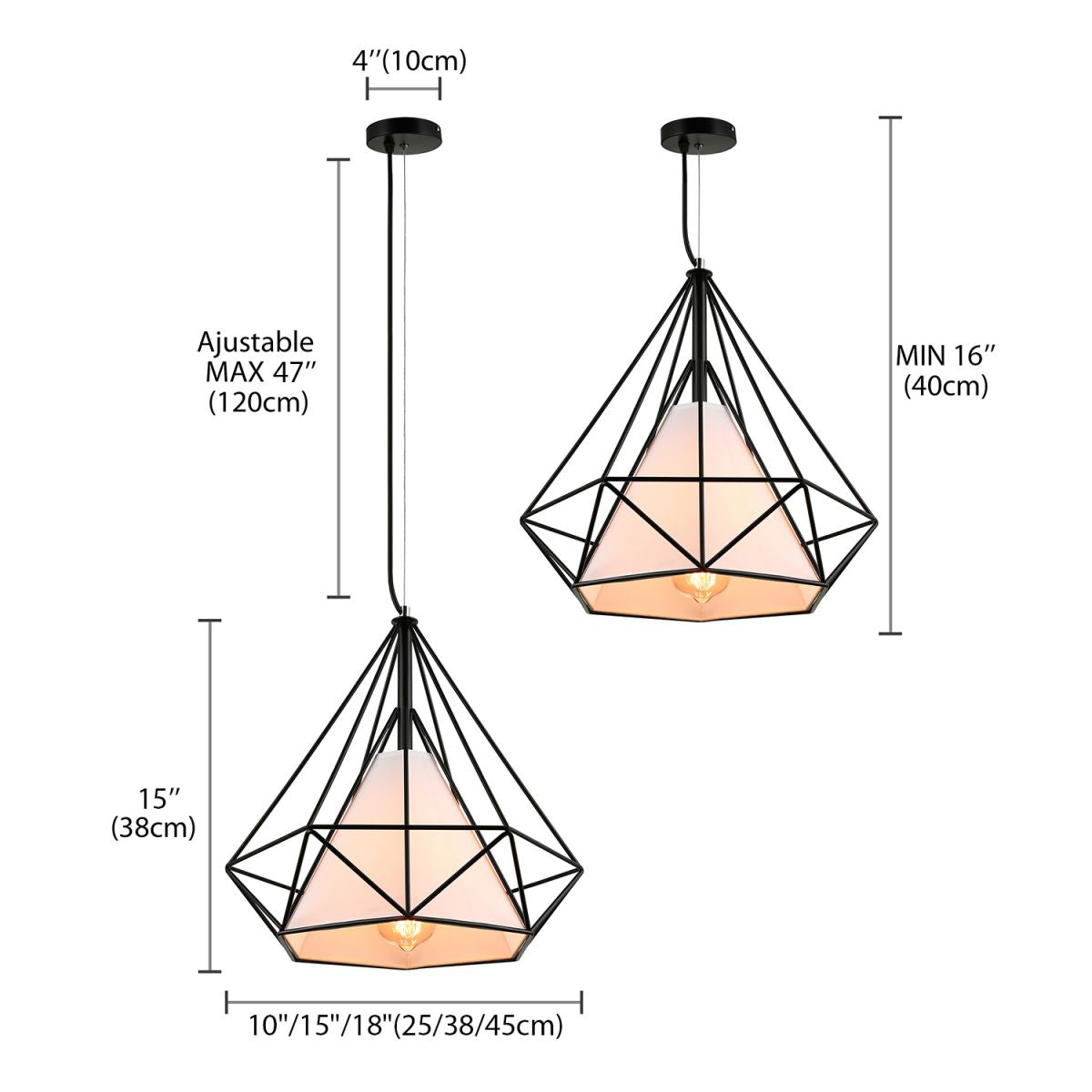 10/15/18" W 1 Bulb Diamond Cage Hanging Light Antique Style White/White and Brown Metal Ceiling Fixture with Fabric Shade