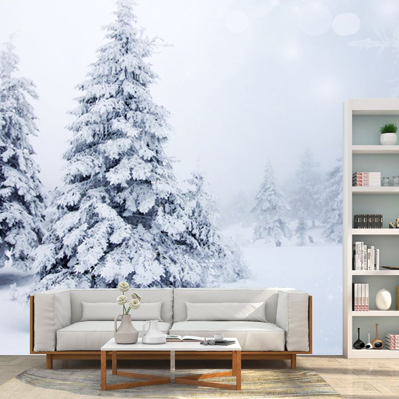 Whole Foggy Winter Landscape Mural Modern Stunning Snowy Cypress Wall Decor in White