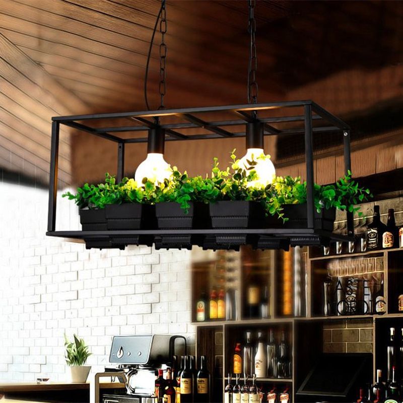 Black/White Rectangle Island Lamp Factory Metallic 2 Lights Living Room Hanging Light Fixture with Artificial Plant Deco