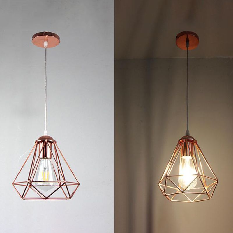 Electroplated Rose Gold Hanging Light Iron Cage Shade Industrial Style Single Bulb Lighting Fixture for Bedroom