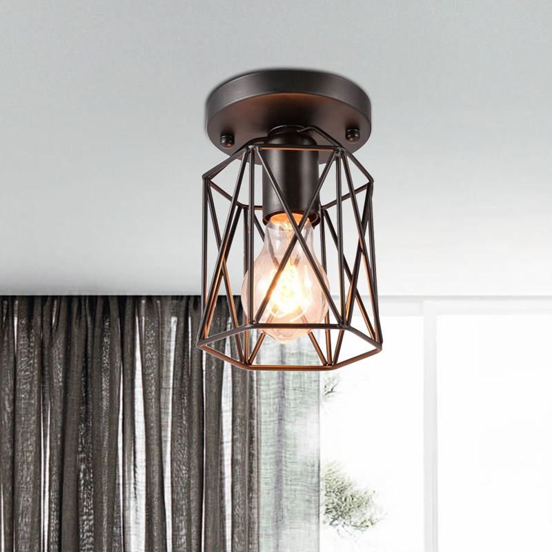 1 Head Wire Cage Semi Flush Light Vintage Style Black Metallic Ceiling Mounted Fixture for Kitchen
