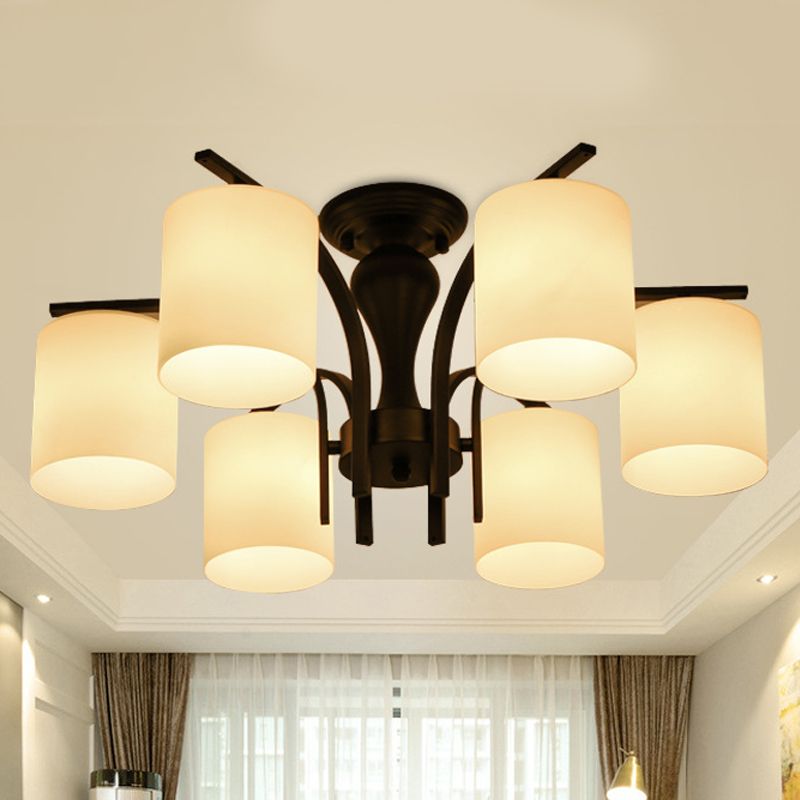 3/5/6 Lights Semi Flush Mount Traditional Cylinder Frosted Glass Ceiling Light in Black for Bedroom