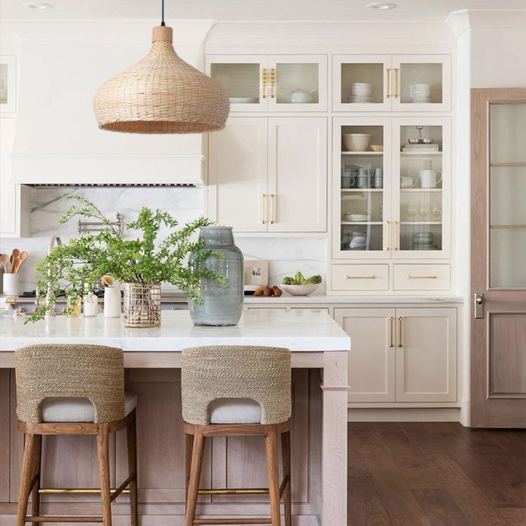 Hand-worked Natural Bamboo Drop Lamp Minimalist 1-Light Beige Pendant Light for Bedroom