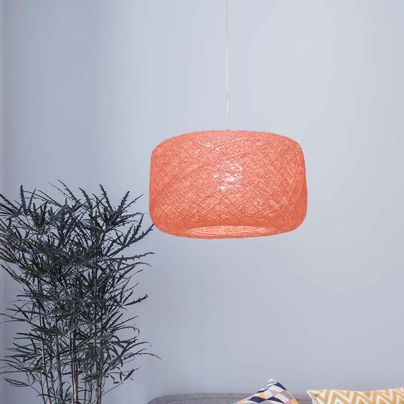 8 "/12" Dia Drum Hanging Leuchte Moderne Stil gewebter Rattan Rattan 1 Kopf Esszimmer Anhängerlampe in Schwarz/Weiß