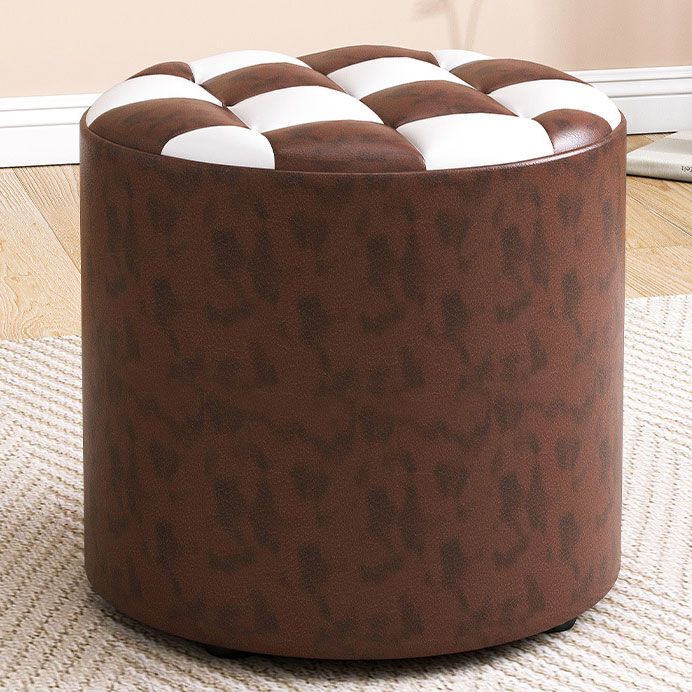 Mid-Century Modern Pouf Ottoman Faux Leather Tufted Square Pattern Round Ottoman