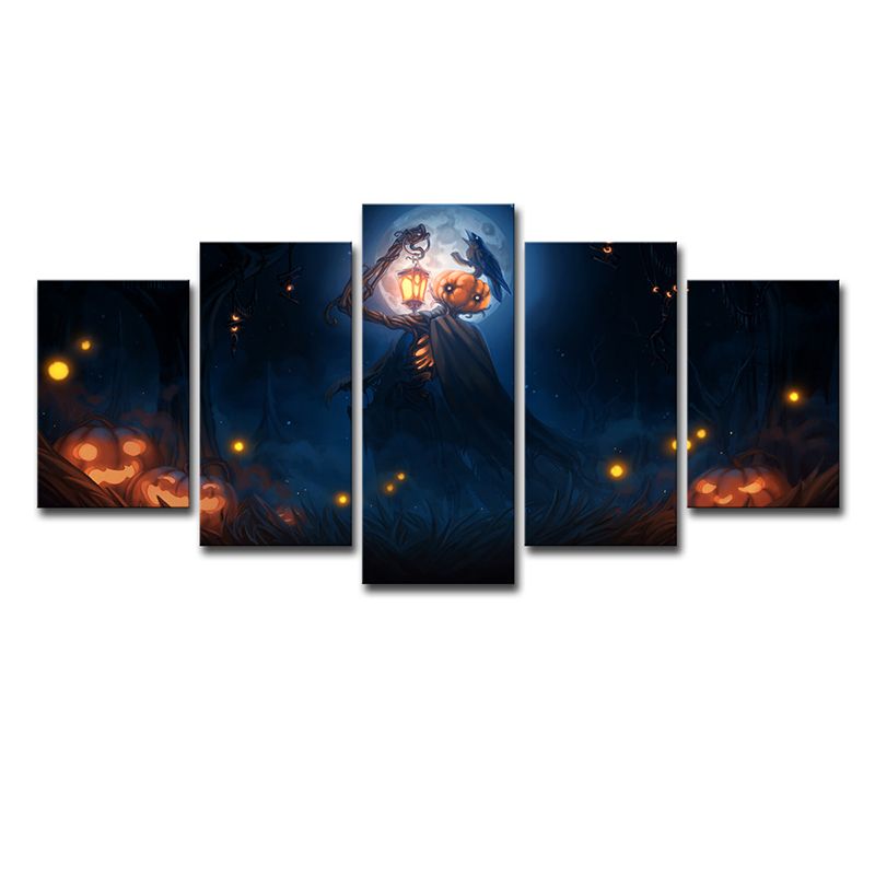 Halloween Pumpkin Canvas Print Kids Scary Moon Night Scene Wall Art in Dark Blue