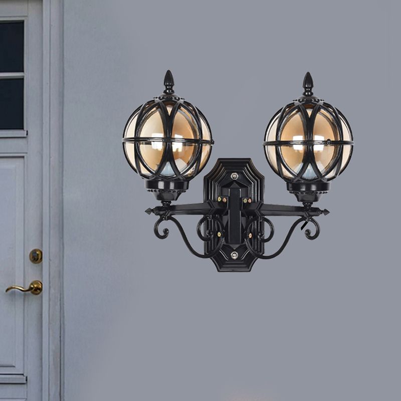 Black/Bronze Spherical Wall Lighting Ideas Country Amber Glass 2-Bulb Patio Surface Wall Sconce with Cage