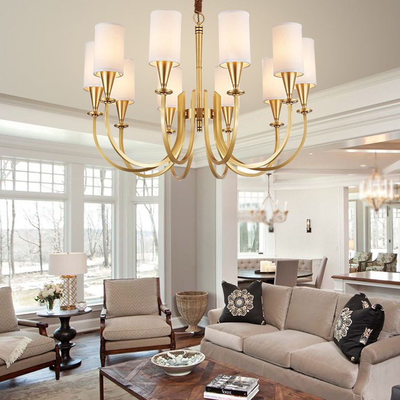 Brass American Traditional Style Chandelier Cylindrical Fabric Shade Dining Room Lighting Fixture with 19.6" Adjustable Suspension Chain