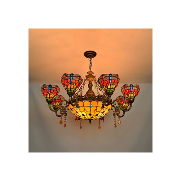 Stained Glass Bowl-Shaped Hanging Light Rustic 9 Lights Chandelier with Crystal in Multicolor for Bedroom