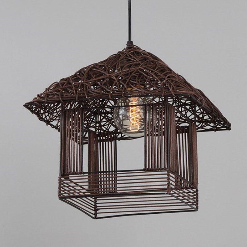 Rattan Woven House Shaped Pendant Country Style Single-Bulb Hanging Ceiling Light