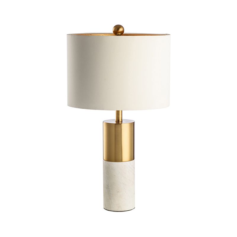 Table cylindrique lumière marbre minimaliste en laiton à 1 tête et lampe de nuit grise / blanche avec abat-jour en tissu