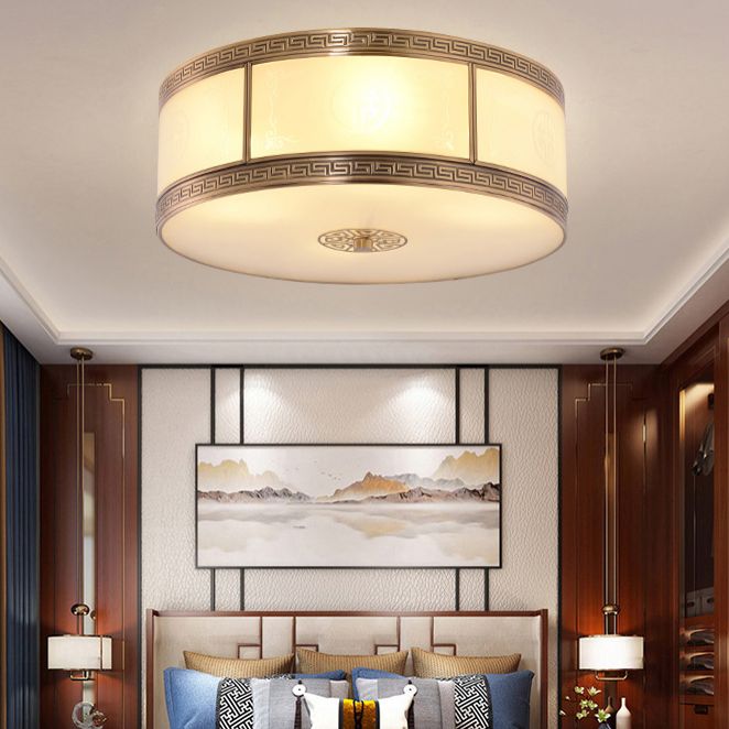 Traditional Copper Flush Ceiling Light Bedroom Flush Mount Lamp with Glass Shade