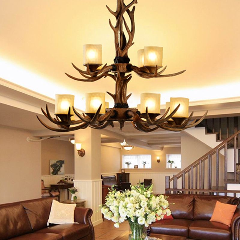 12 Heads Ceiling Chandelier Rustic 2-Tier Resin Hanging Pendant Light in Brown with Cylinder Frosted Glass Shade