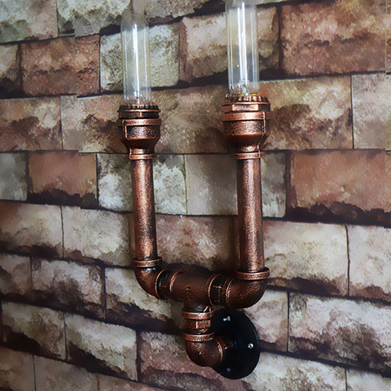 2/3/4 Heads Expose Bulb Wall Lighting with Pipe Design Rustic Weathered Copper Wrought Iron Wall Sconce Lamp