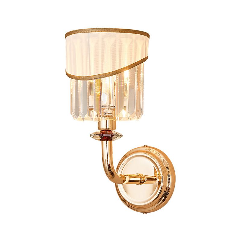 Tapered Fabric Shade Wall Light Modern Style 1 Head Gold Wall Mount Lamp with Clear Crystal Prism and Curved Arm