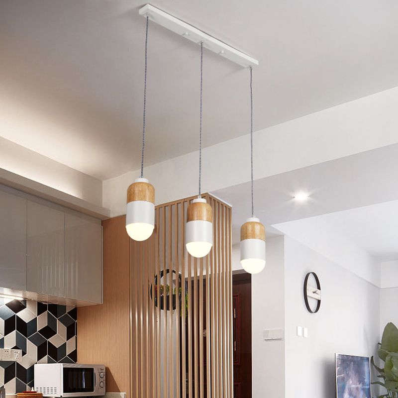 Capsule LED Cluster Pendant Modernisme Métal 3 ampoules Blanc et pendentif en bois Lumière sur la table à manger