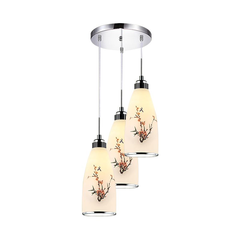 3-Light Drop Pendant Minimalist Oblong White Printing Glass Multiple Hanging Lamp with Round/Linear Canopy