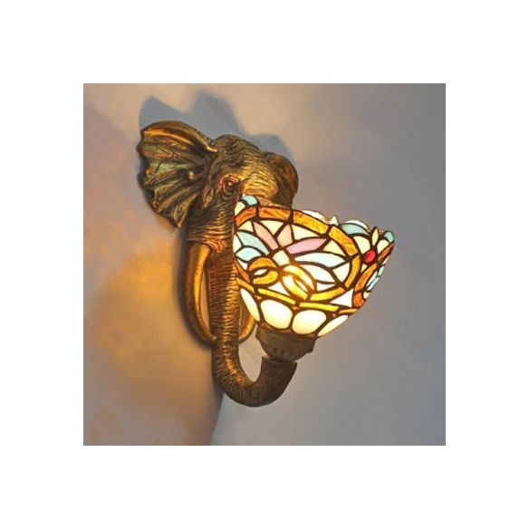 Bowl Sconce Lighting with Elephant Design and Flower/Morning Glory/Dragonfly/Blue Flower Pattern Lodge Style Stained Glass Wall Lamp in Brass