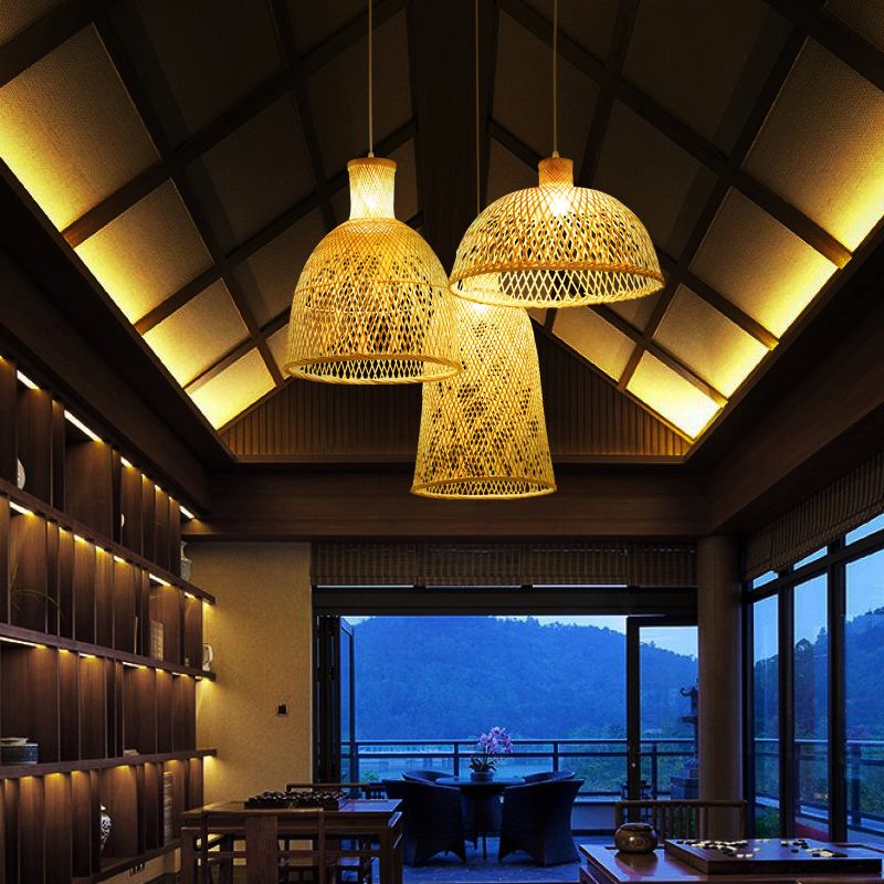 Chinese Style Handmade Ceiling Light Bamboo Single Restaurant Hanging Pendant Light in Wood