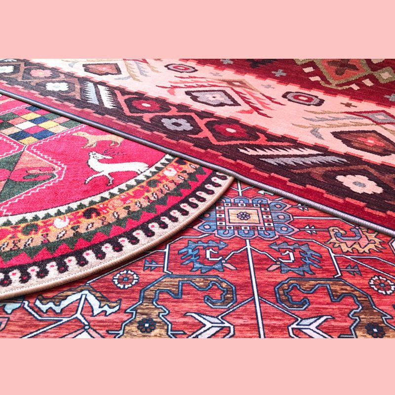 Retro Moroccan Print Area Carpet Red Tone Polyester Rug Washable Carpet for Home Decoration