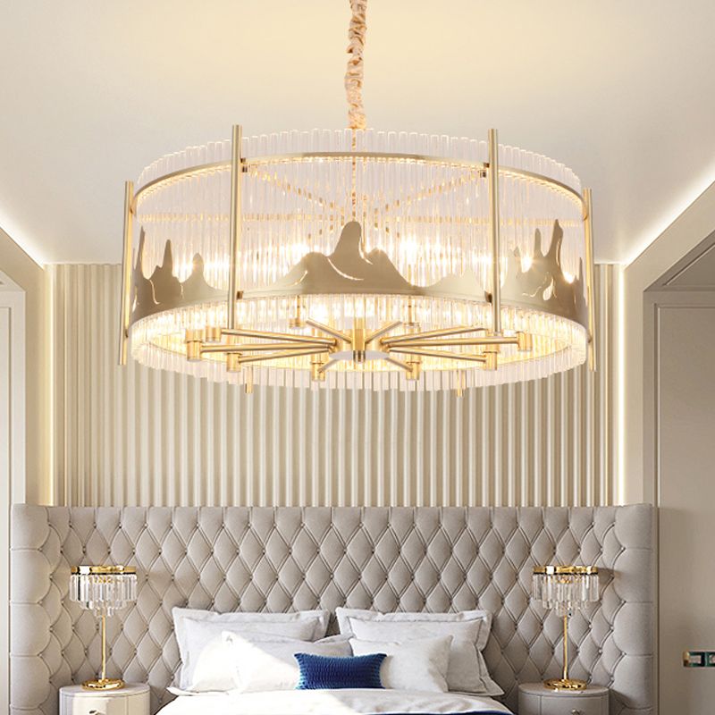 Runde Kronleuchterlampe traditionelles prismatisches Glas 10 Lichtgold-Decke Anhänger Licht mit Bergmuster