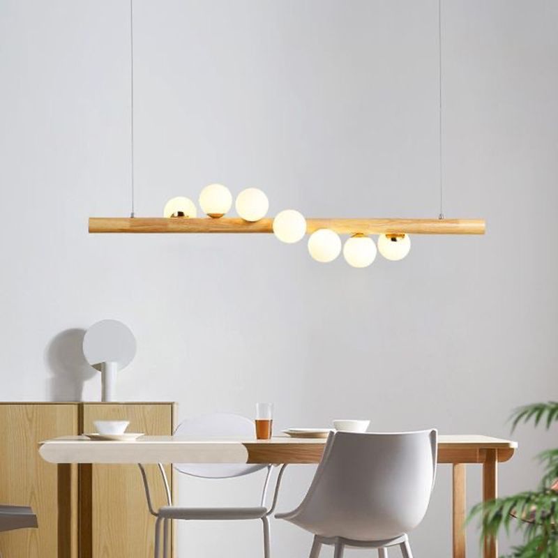 Modern Simple Wooden Hanging Lamp Ball Shape Shade Island Light Fixture for Dining Table