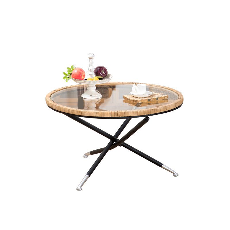 Cross Legs Round Glass Coffee Cocktail Table with Rattan Accent